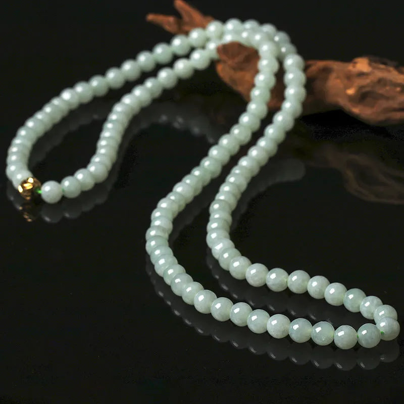 Natural jade bead sweater chain necklace with white and green 6.5mm beads on adjustable 21-50cm chain