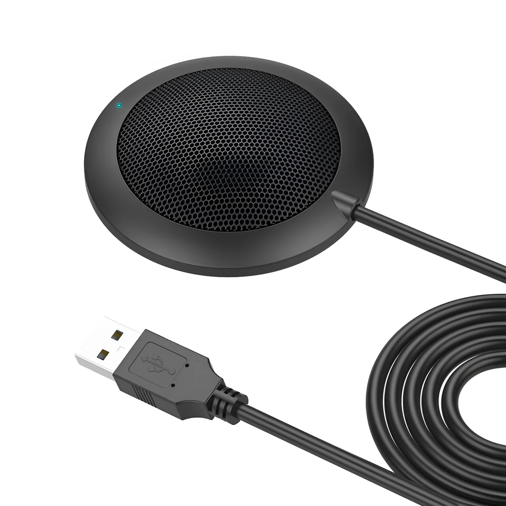 Black USB conference microphone with metal mesh cover and 70mm diameter
