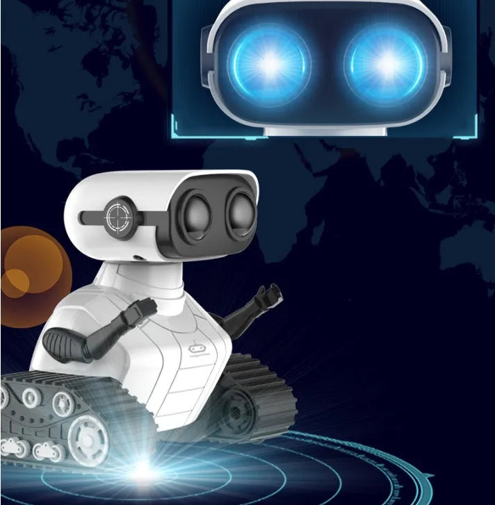 White plastic USB rechargeable remote control robot toy for children with handle remote, sound and light dancing, ages 7-14.