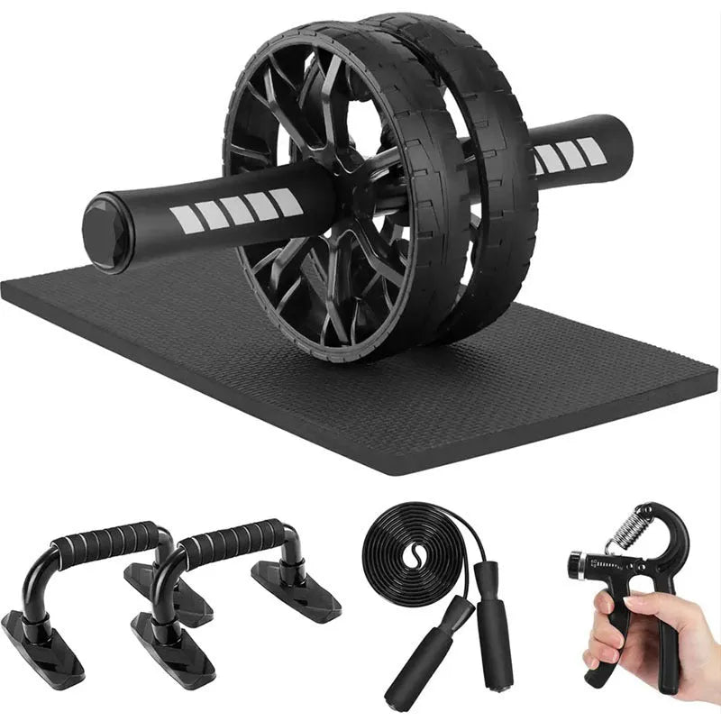 Set of seven abdominal wheels in red, green, black, and blue colours with a push-up bracket for indoor fitness.