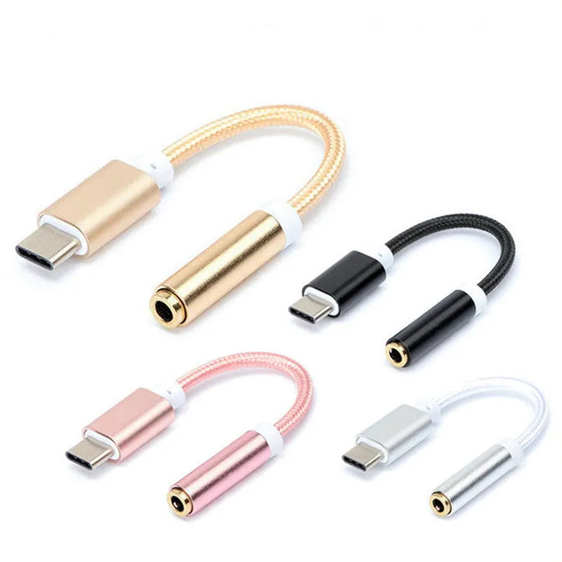 Weaving Type-C to 3.5mm audio adapter cable in black with nylon braiding and metallic connectors