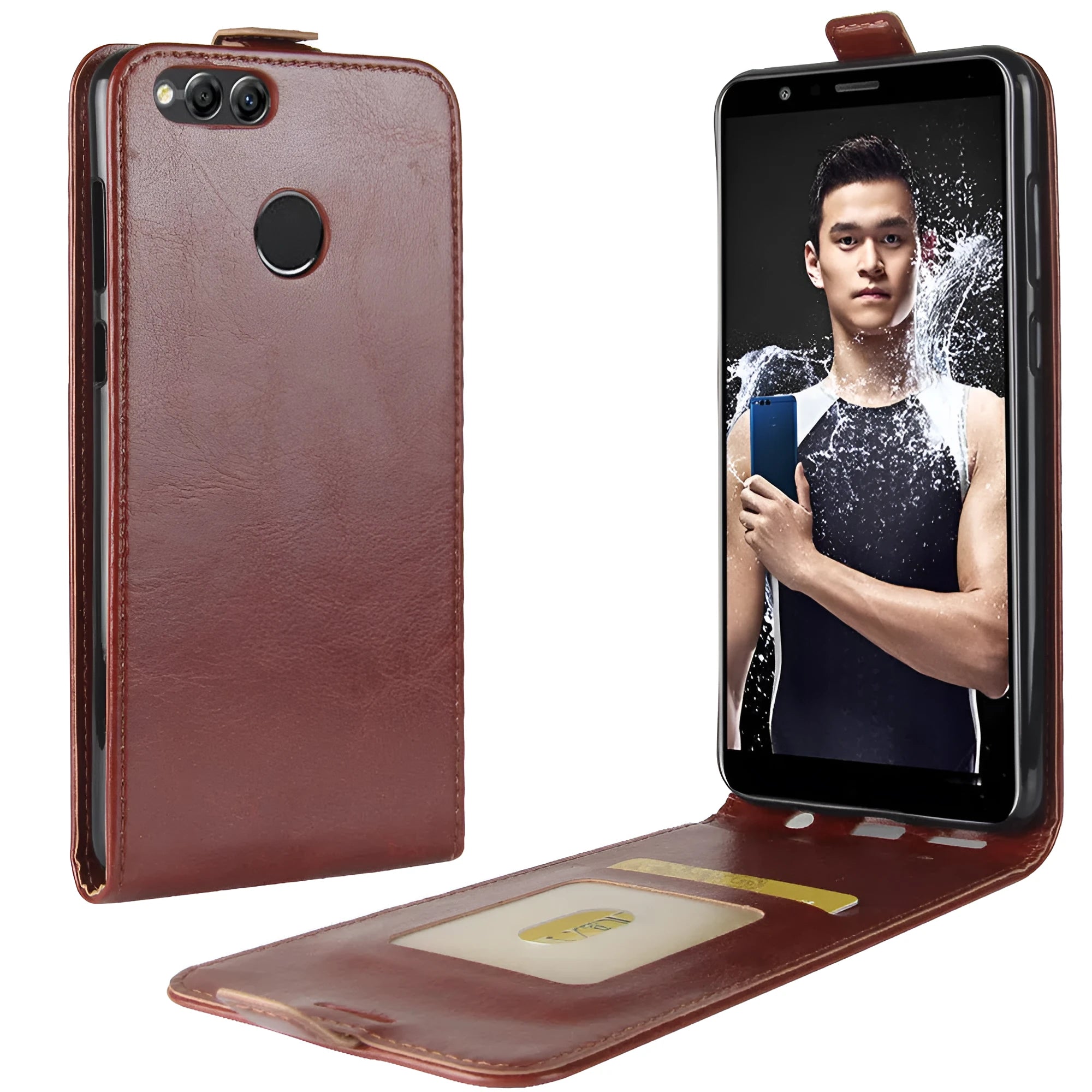 Honor 7X leather wallet phone case in brown showing card slots and crazy horse texture