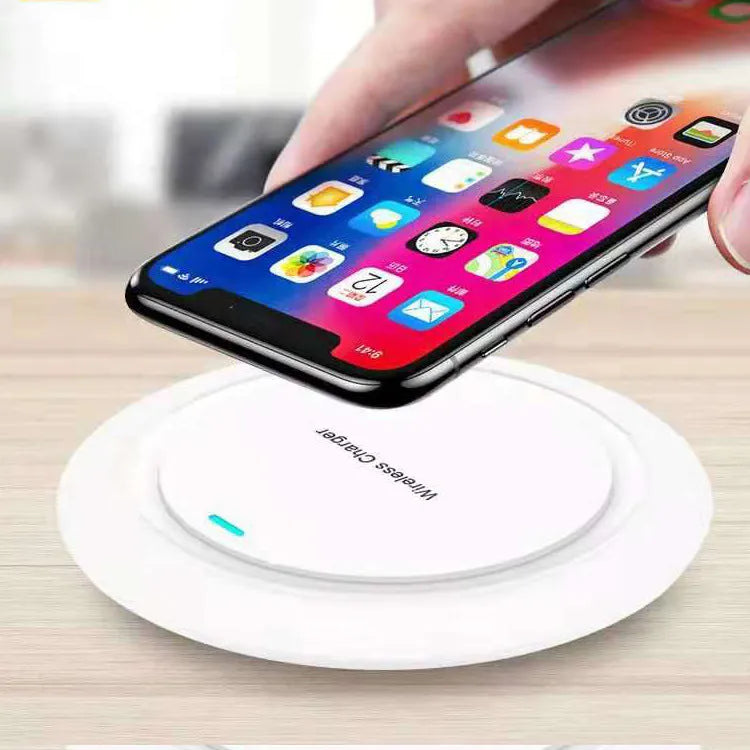Round desktop wireless charger for mobile phones in black or white colour