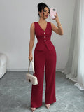 Women's solid colour sleeveless vest and high-waist trousers two-piece set in polyester fabric