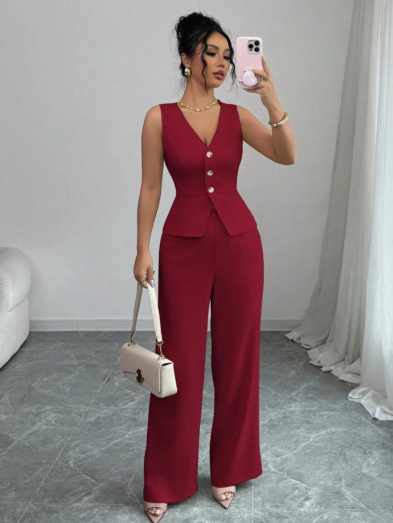 Women's solid colour sleeveless vest and high-waist trousers two-piece set in polyester fabric