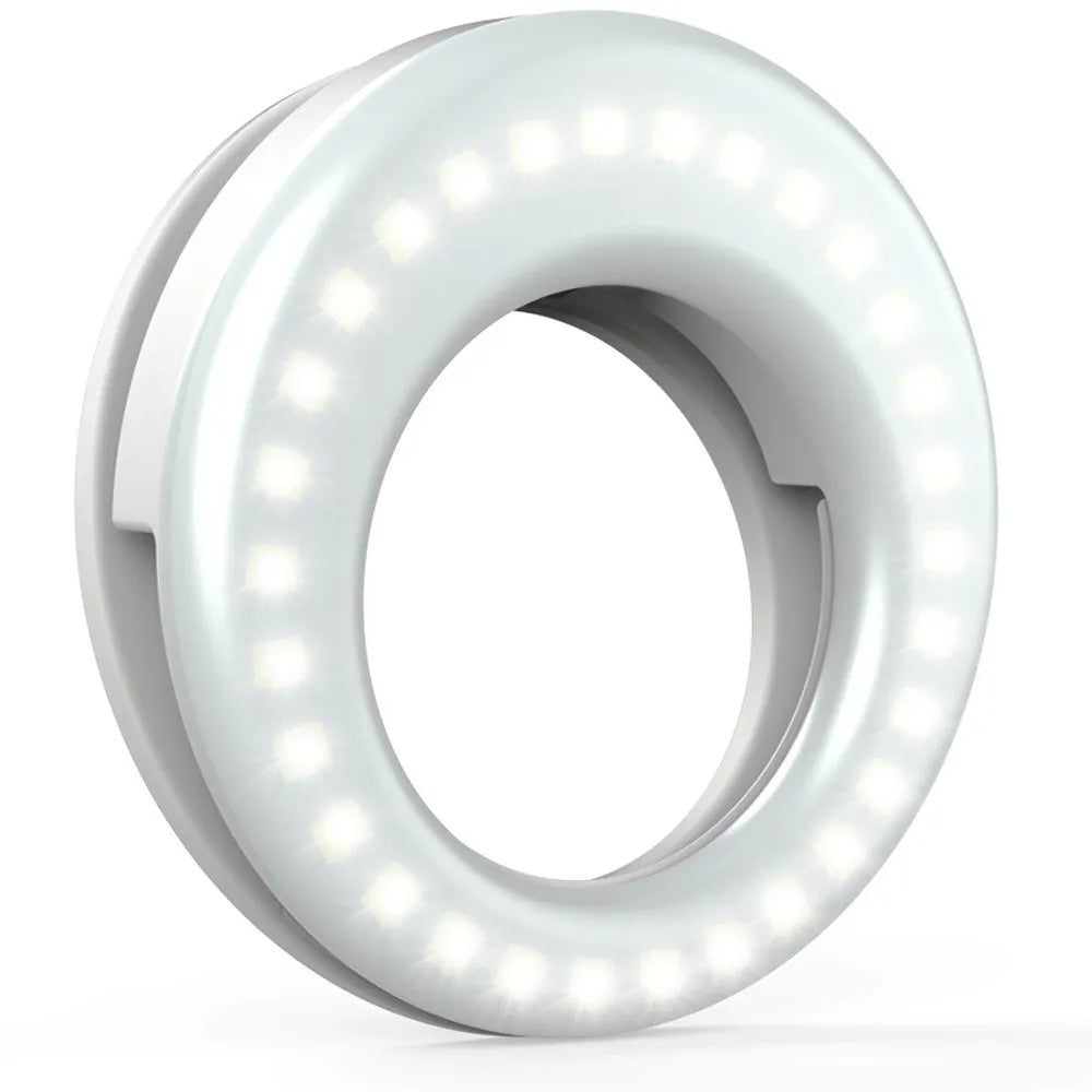 LED selfie ring light with adjustable brightness, compact 90mm design, and USB cable for mobile photography