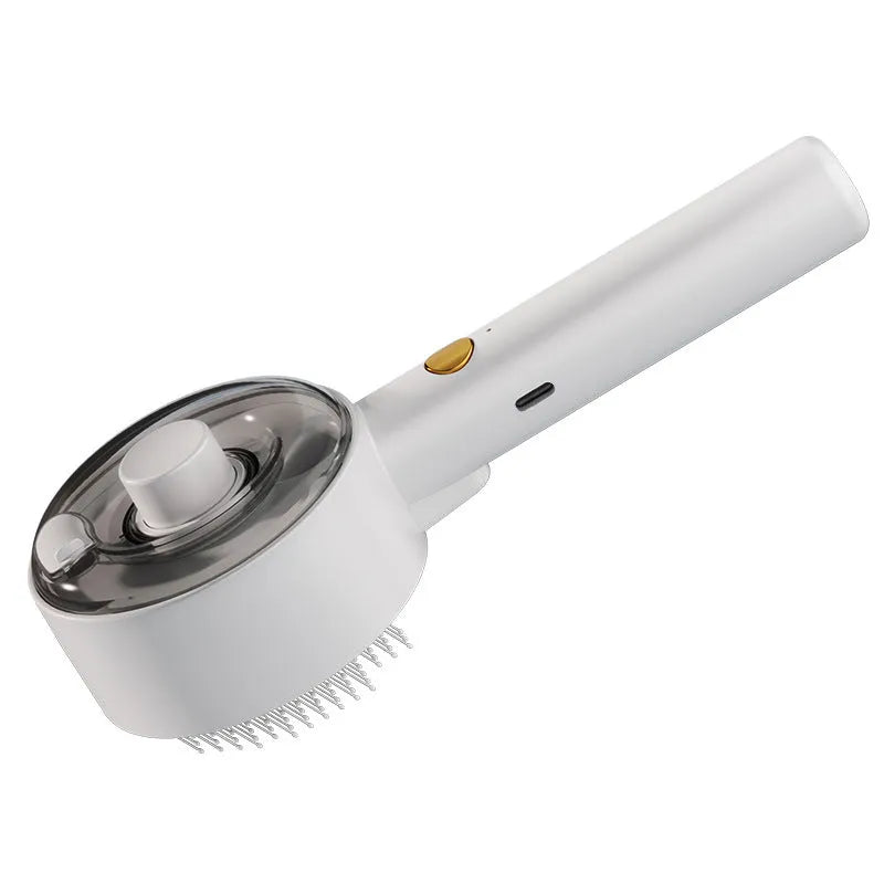 Ceramic white pet grooming comb with soft needles, UVC blue light, and a mist spray nozzle.