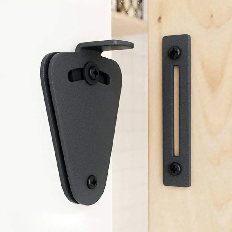 Black stainless steel sliding barn door lock showing S and M size options