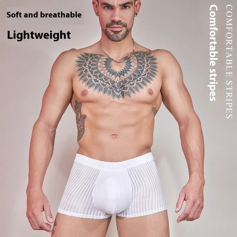 Men's striped nylon underwear in thin transparent fabric showing black, white, and dark grey colour options
