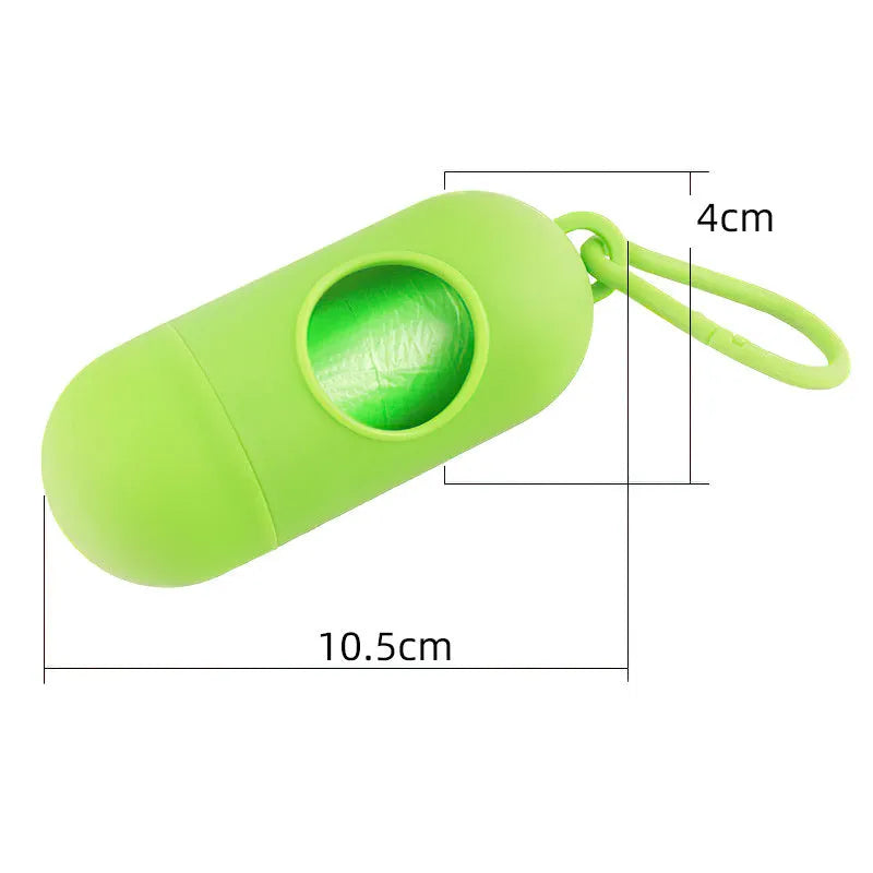 Dog poop bags holder with Velcro strap and plastic side hook showing compact 10x10x5cm dimensions
