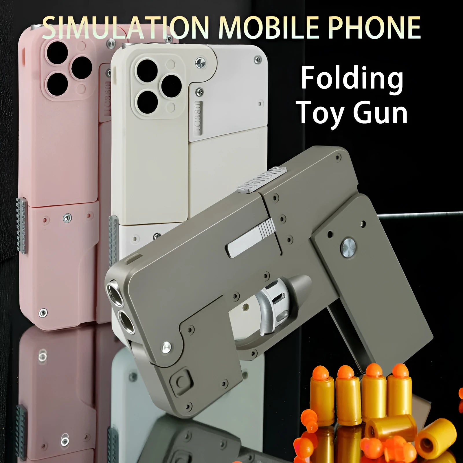 Folding mobile phone toy dart blaster in pink showing double barrels and safe EVA foam bullets