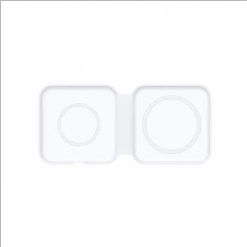 White 2 in 1 magnetic wireless charger with foldable stand charging two phones simultaneously