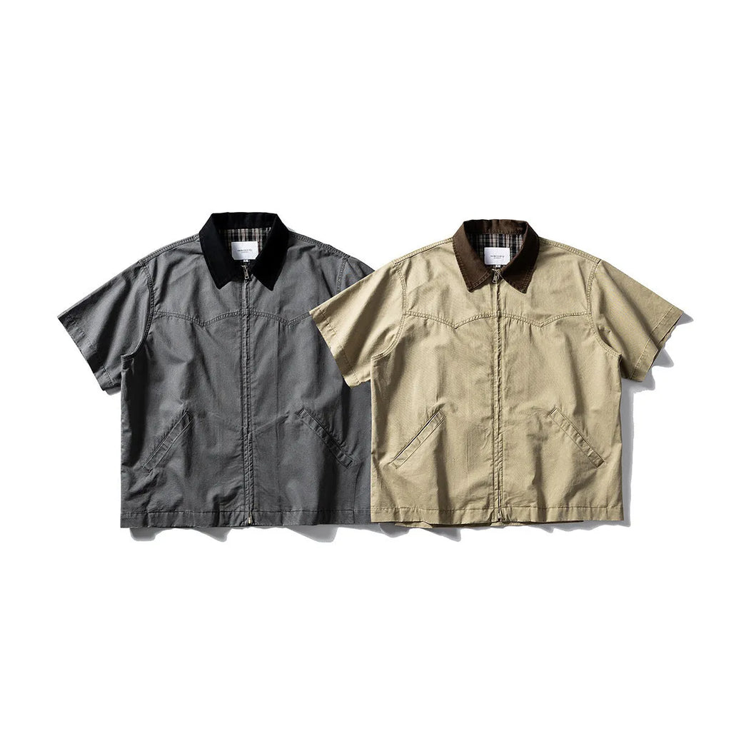 Washed overalls shirt in khaki colour with short sleeves and loose-fit cardigan style for teenagers