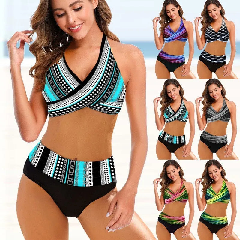 Ladies' striped tie-dye split bikini with hollow back and high-waisted briefs for swimming