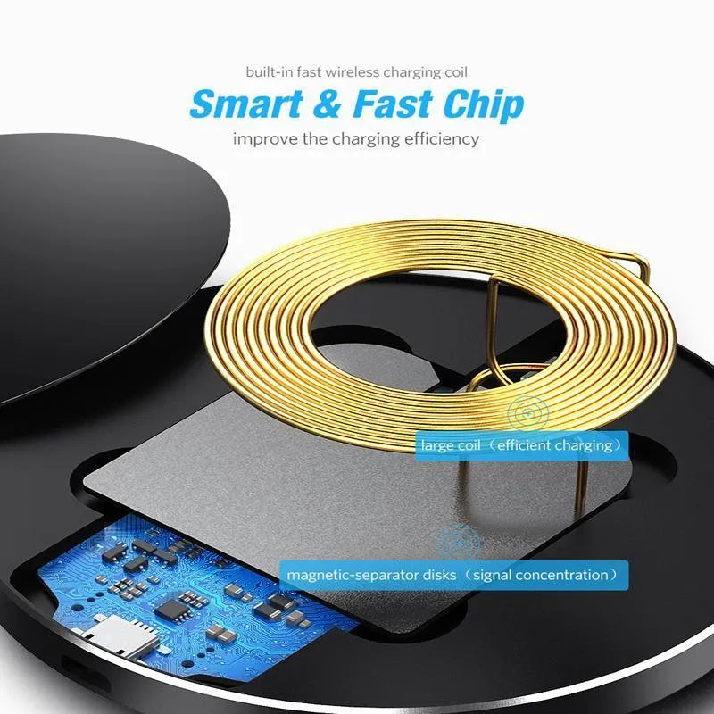 Ultra-thin black wireless charging pad measuring 98mm square with 6.5mm thickness on desk surface