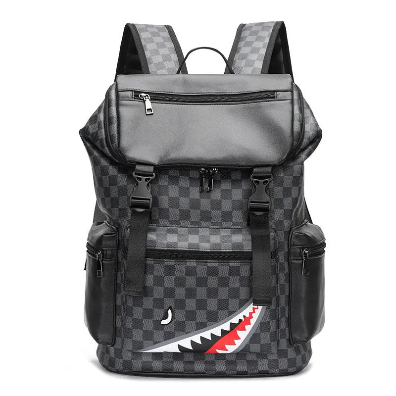 Korean casual checkered printed large backpack with curved straps in black colour variant.
