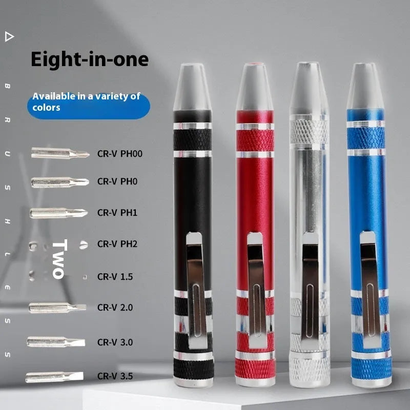 Aluminium alloy pen screwdriver set with eight interchangeable bits and 107mm chrome vanadium steel cutter bars