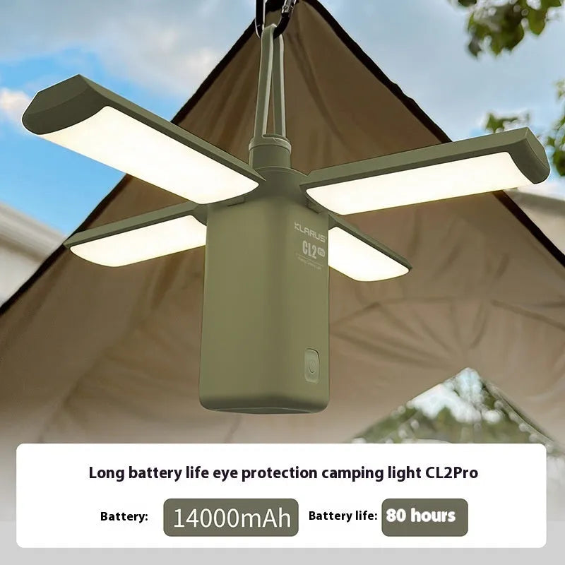 Green and white rechargeable campsite LED lamp with charging cable for outdoor camping use