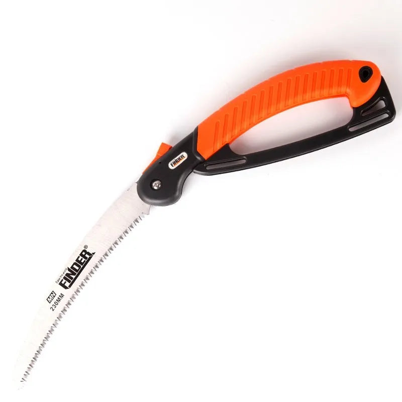 Folding garden saw with extended 230mm 65MN steel blade and TPR grip, showing teeth detail