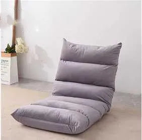 Beige adjustable backrest lazy sofa floor chair folded flat showing fabric texture and reclining mechanism