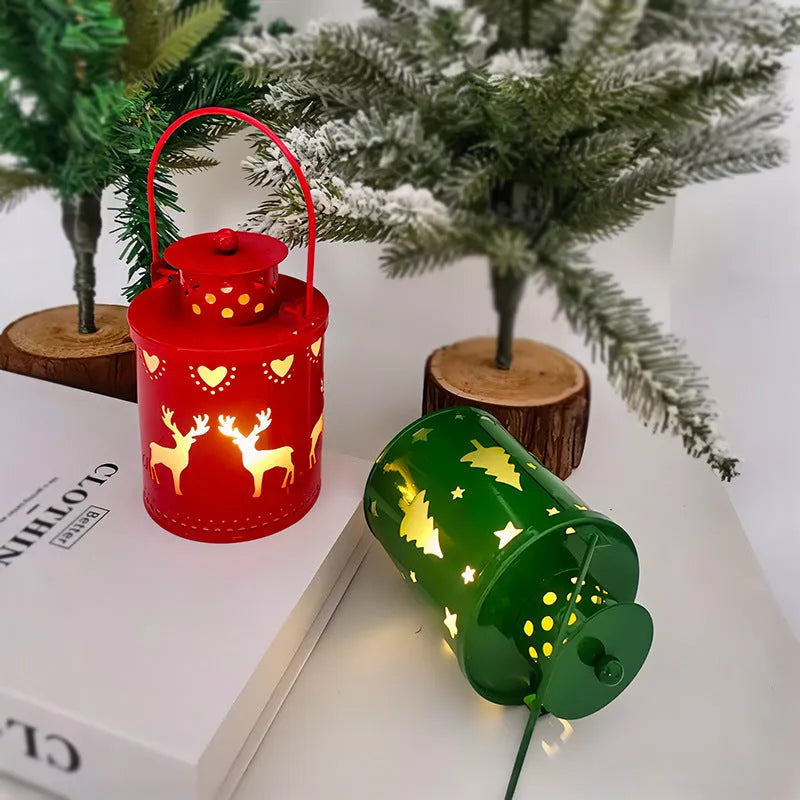 Green wrought iron LED Christmas candle lantern with electronic flickering light
