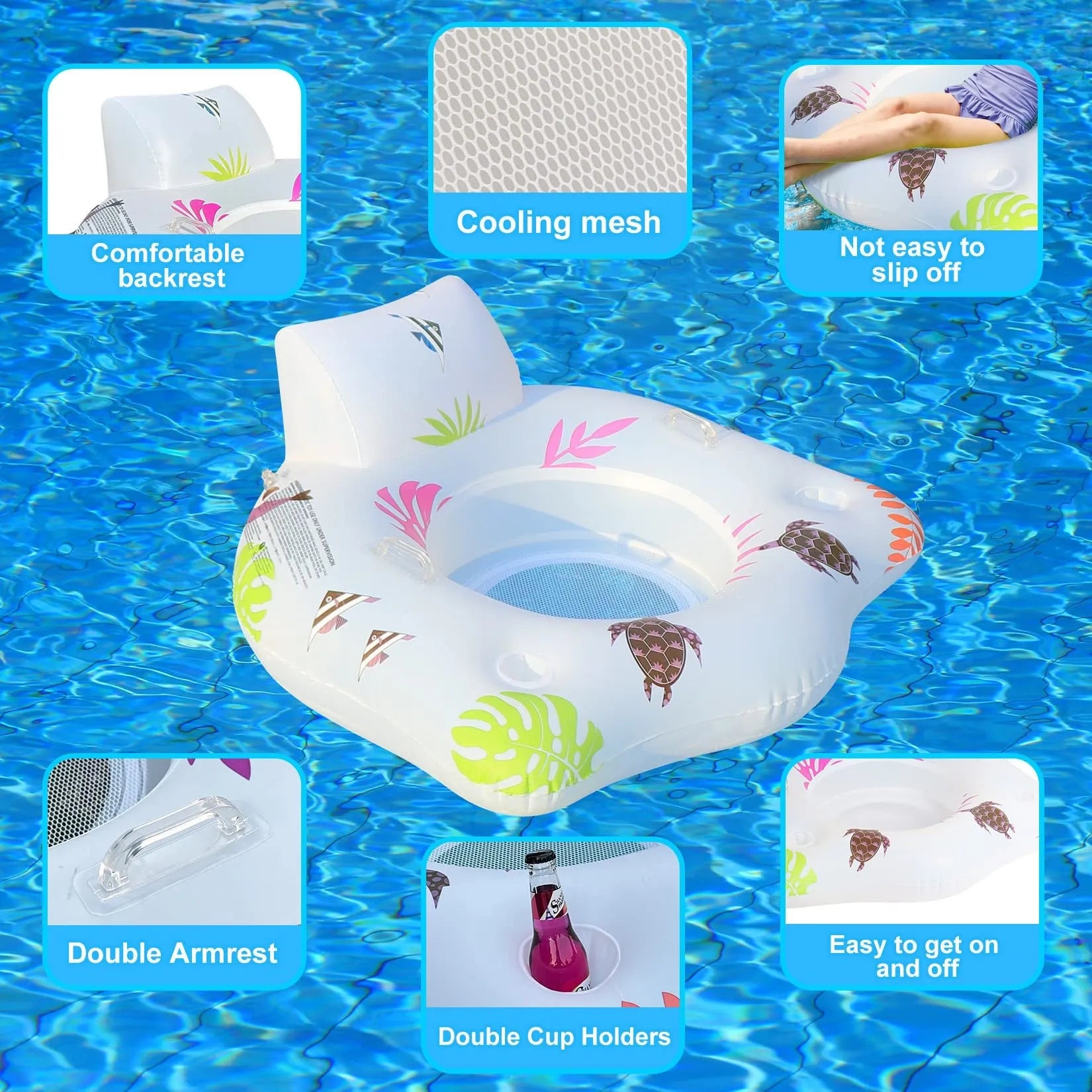 White U-shaped inflatable pool float with LED lights, measuring 120x120cm