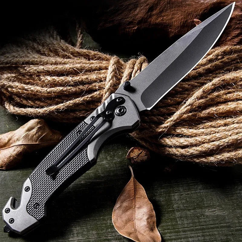 Outdoor folding knife with alloy handle showing 60-degree blade tip angle and compact folded size