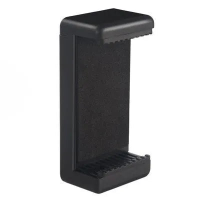 Black plastic phone holder with rotating clamp measuring 10mm by 4mm by 3.5mm