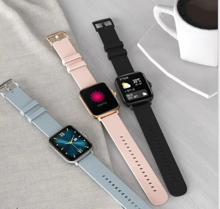 Smart watch with 1.7-inch blue touch screen on adjustable strap, showing heart rate and time display
