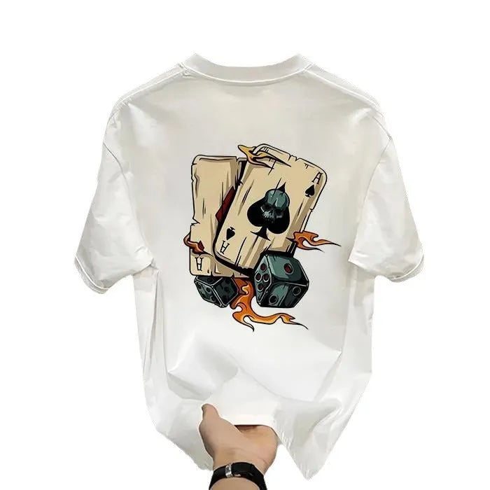 Men's black and white heavy cotton short-sleeved printed T-shirt on a hanger