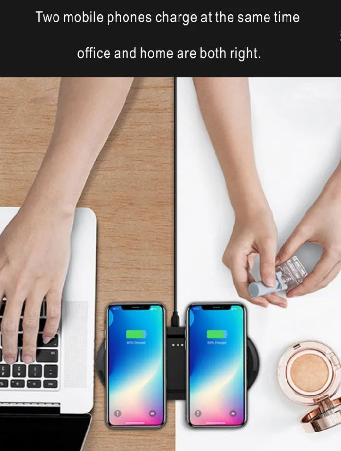 Black and white dual 10W wireless charger charging two phones simultaneously on silicone anti-slip base