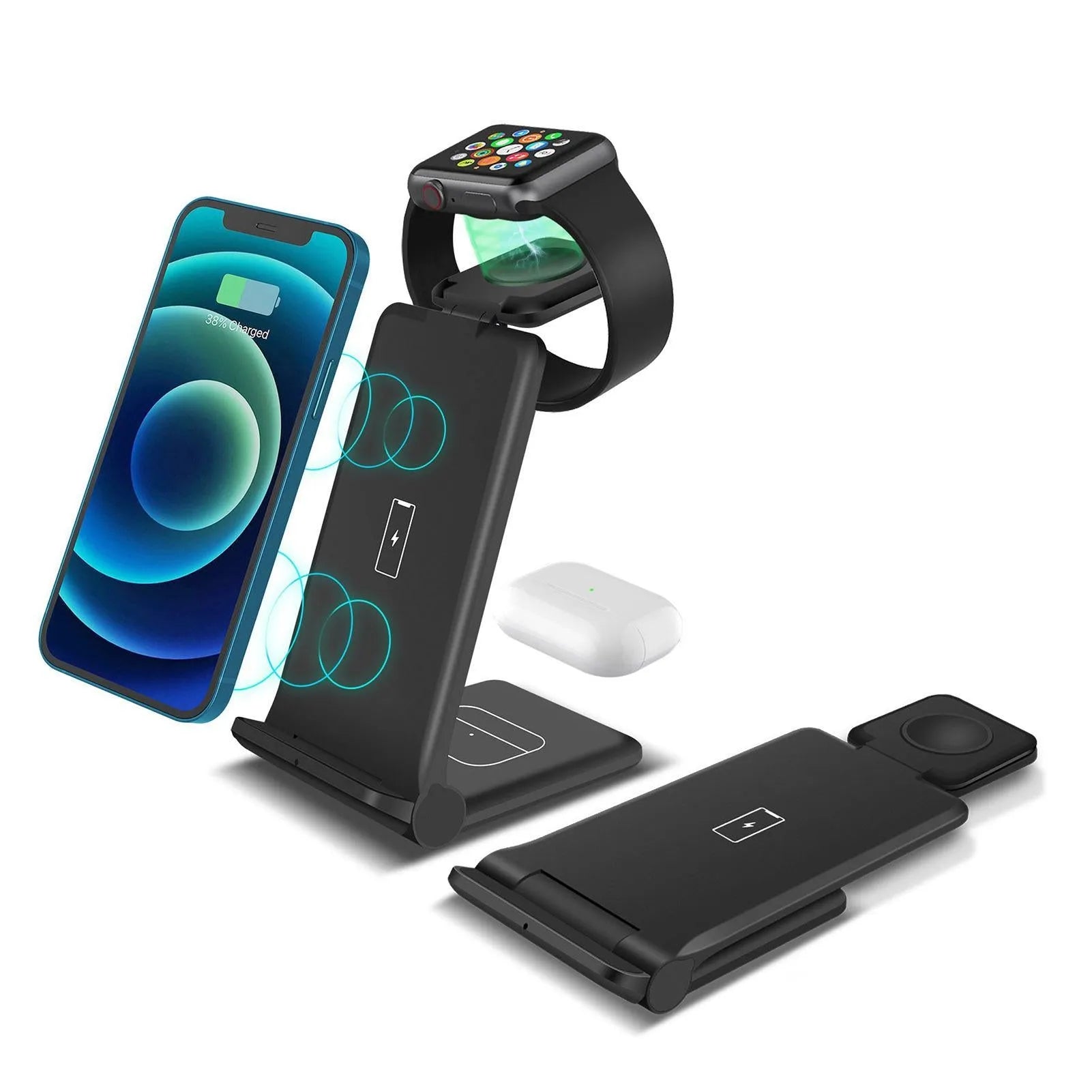 Foldable 3-in-1 wireless charger station in black or white, charging iPhone, Samsung phone, AirPods, and Apple Watch