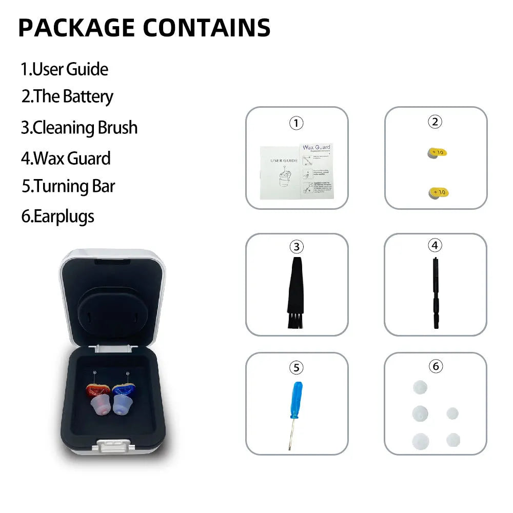 Q10 CIC hearing aids in red and blue colours with mini wireless design measuring 1.8cm x 1.2cm