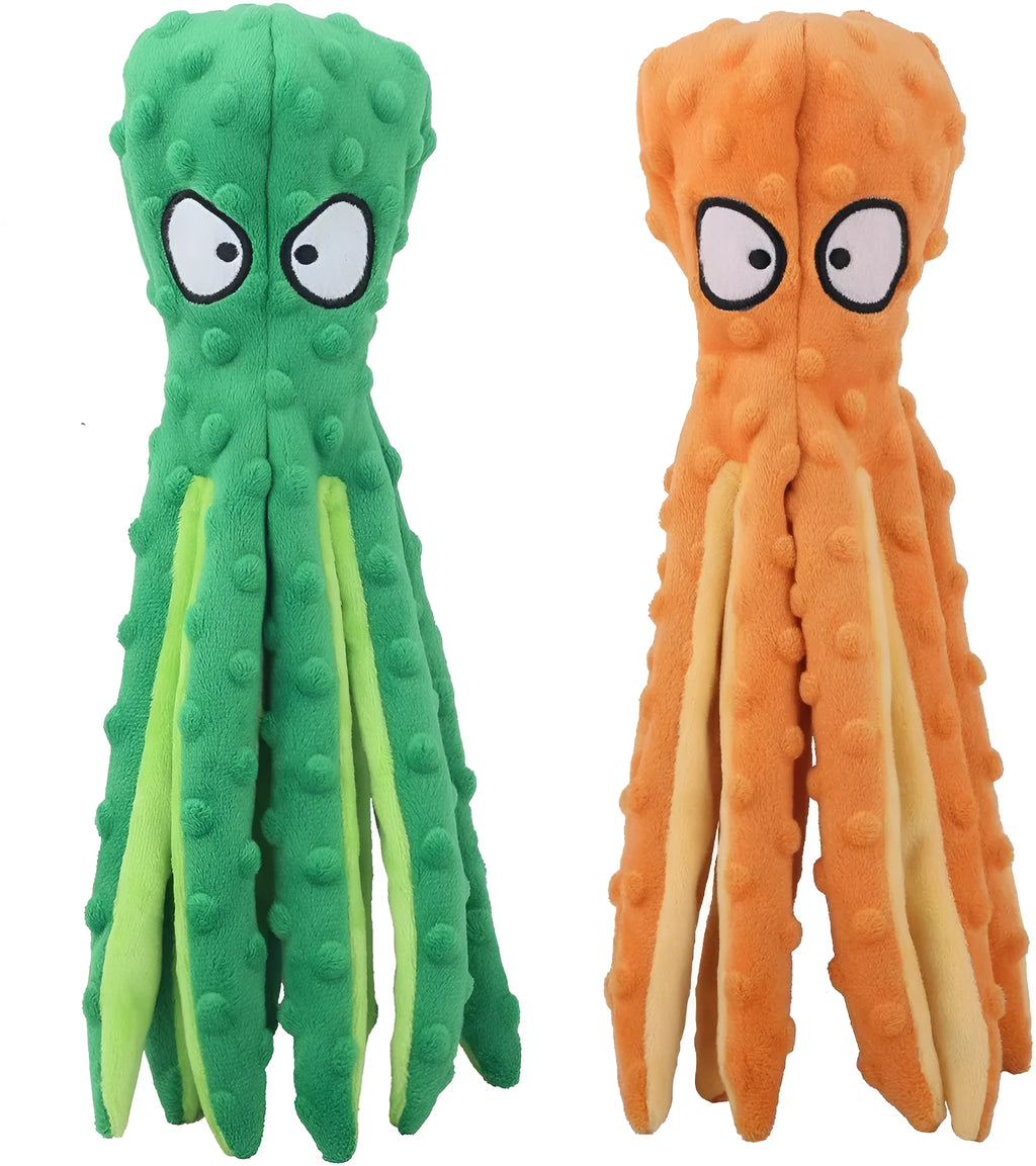 Blue octopus-shaped dog chew toy with crinkle paper and squeaker, no stuffing.