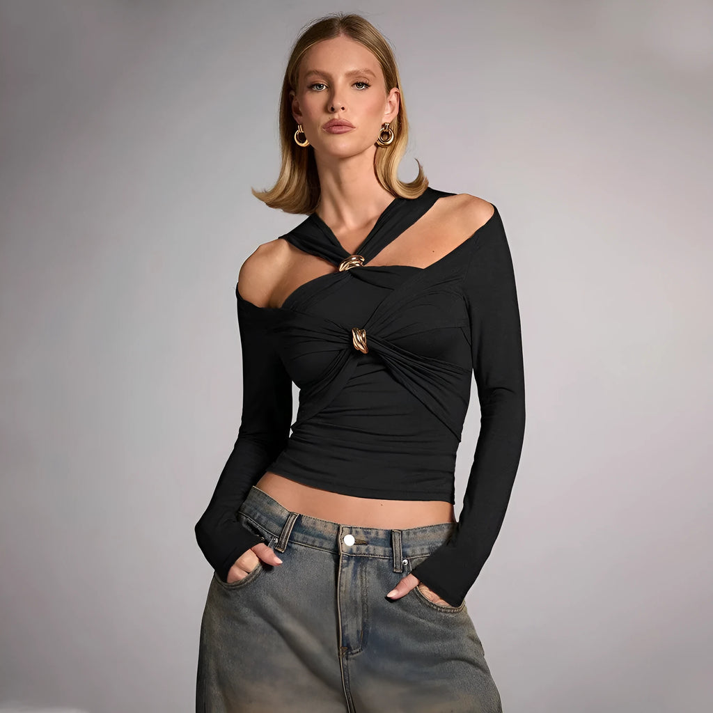 Black women's halterneck slim-fit top with long sleeves on a model.