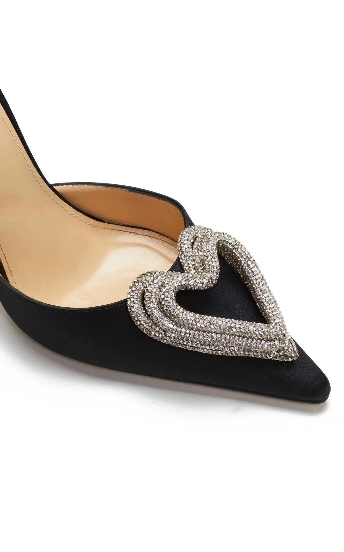 Women's pink satin sandals with pointed toe, heart-shaped rhinestones, and 9.5cm heel on a rubber sole.