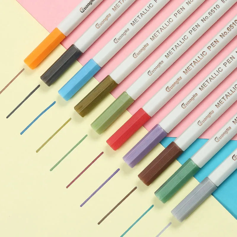 Boxed set of black card album colour metal-tip pens with plastic shells for office and stationery use.