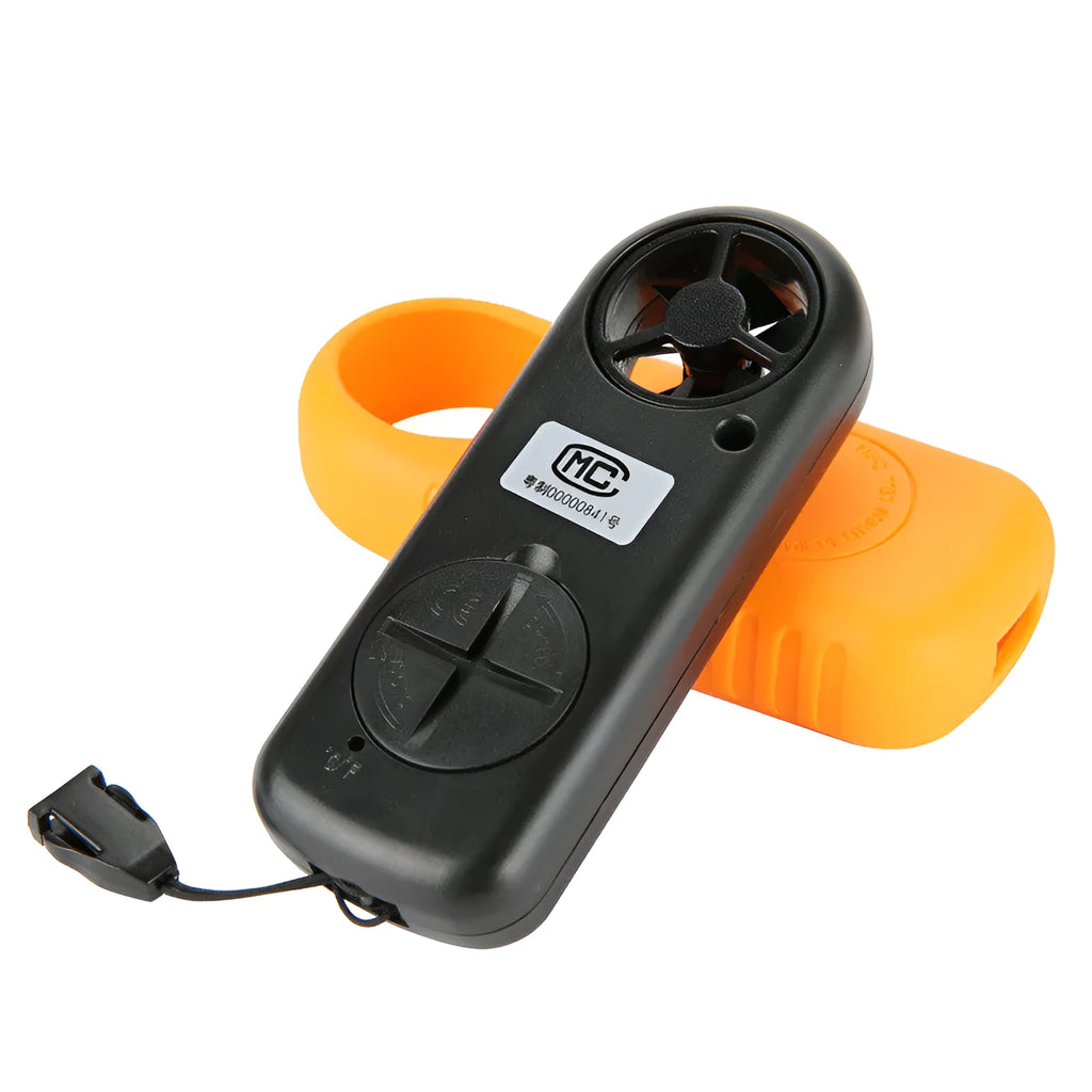 Orange digital portable wind speed measuring instrument with display showing wind speed readings