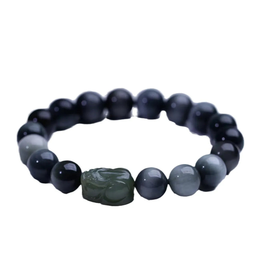 Black Eagle Eye Stone bracelet with Hetian Jade Pixiu charm and 10mm beads