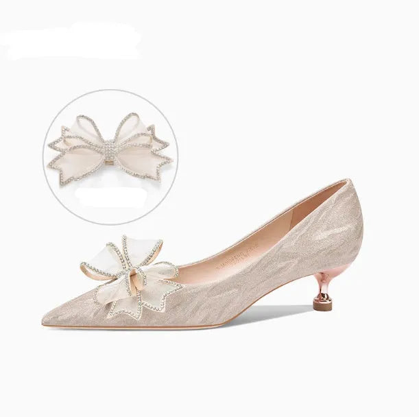 Sequined champagne crystal stiletto heels with pointed toe and rubber sole, available in multiple heel heights