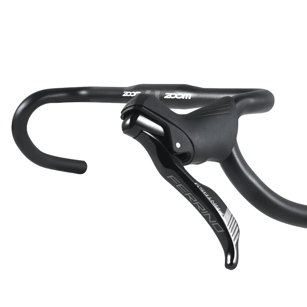 Black aluminium alloy road bike handlebar showing 420mm width and racing bend profile