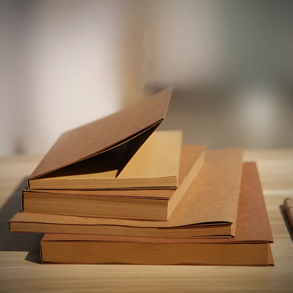 Brown kraft paper sketchbook and white paper sketchbook in 16K and 32K sizes, showing flat wireless binding.