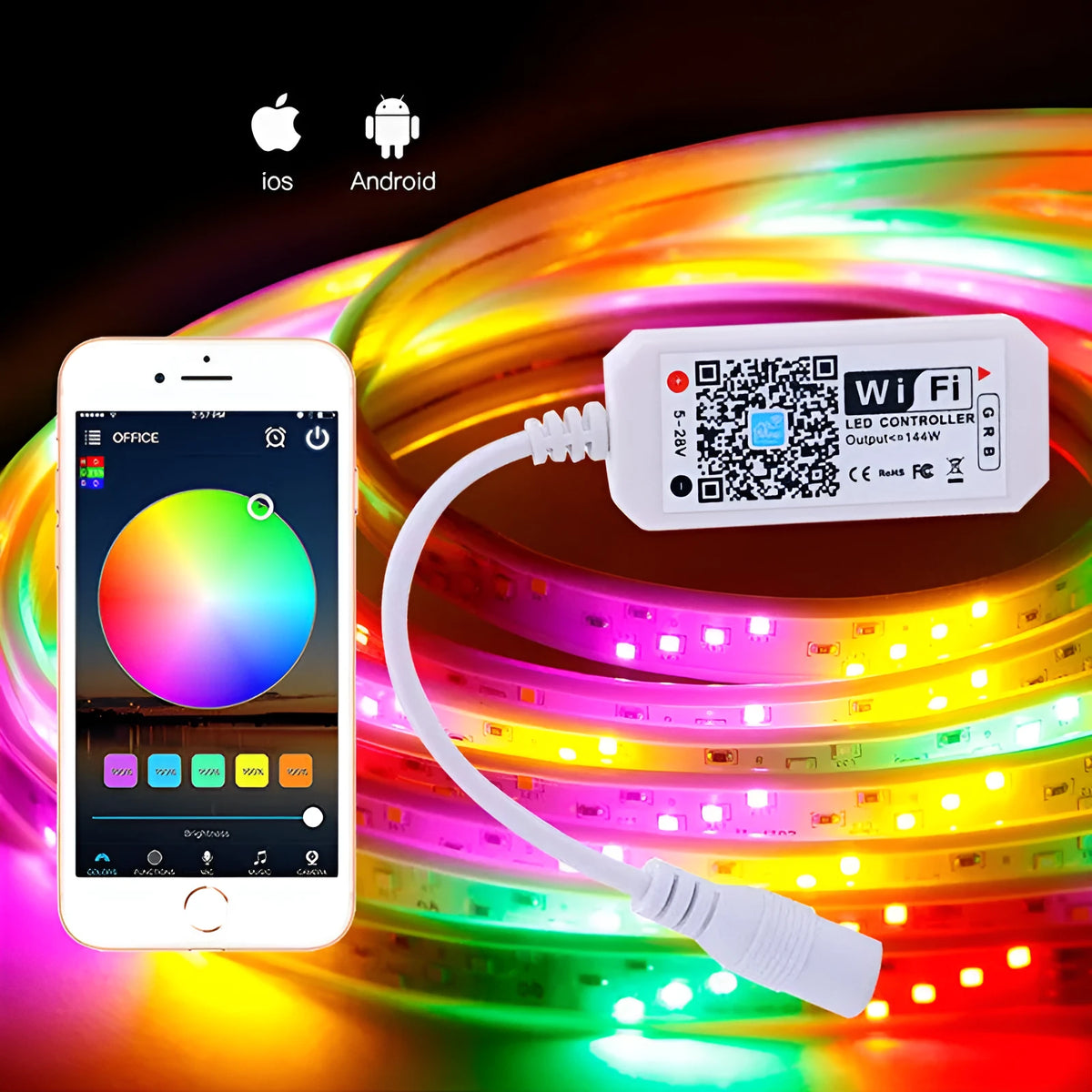 White WiFi LED light strip controller measuring 53mm with Magic Home Pro app compatibility
