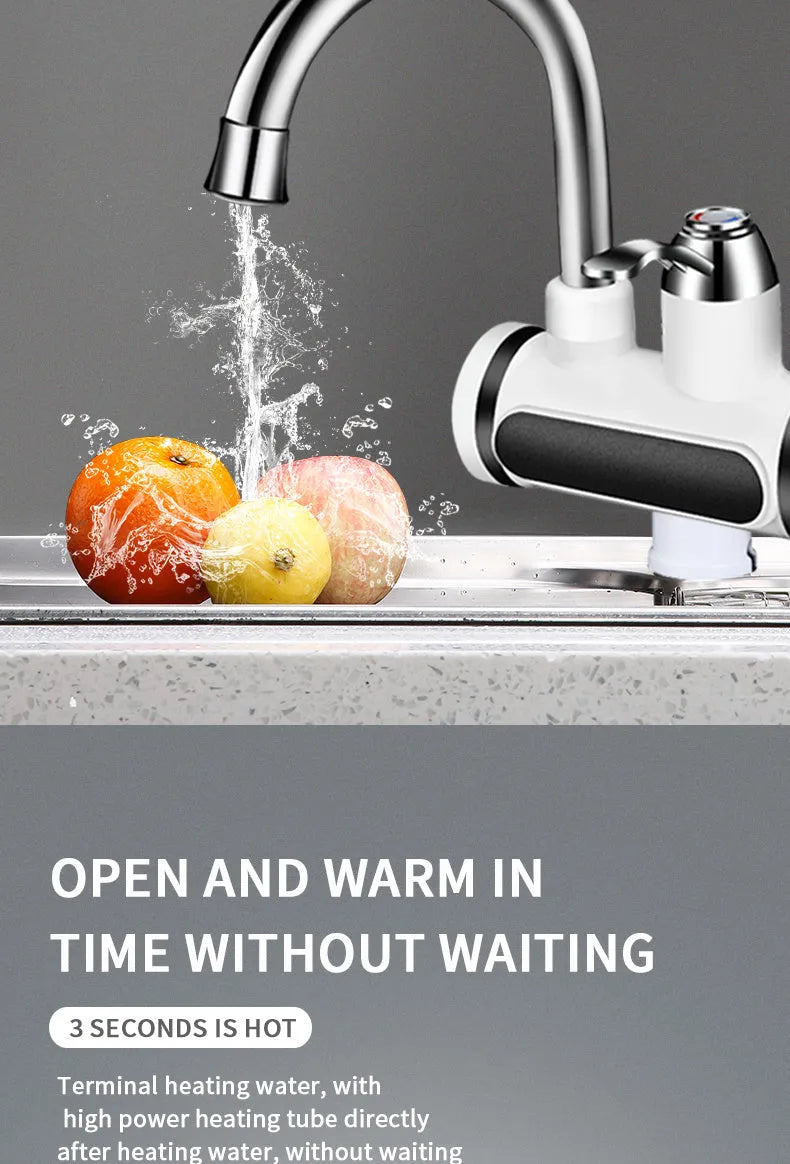 White kitchen electric water heater with digital temperature display, 3000W power, and 10L capacity