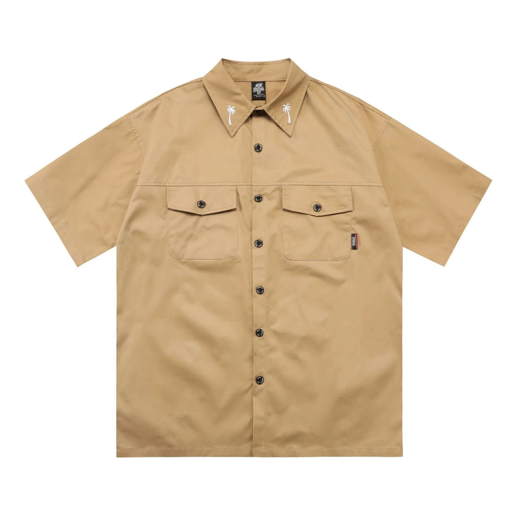 Men's black cotton blend work shirt with embroidery detailing and chest pocket