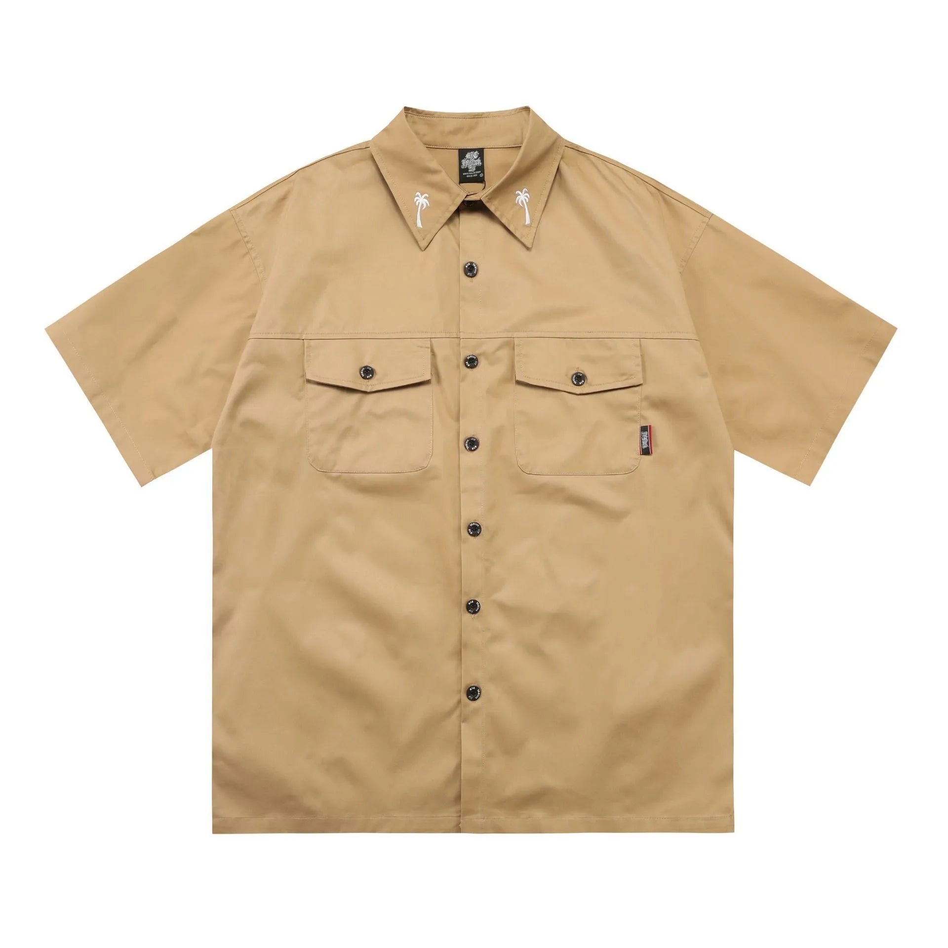 Men's black cotton blend work shirt with embroidery detailing and chest pocket