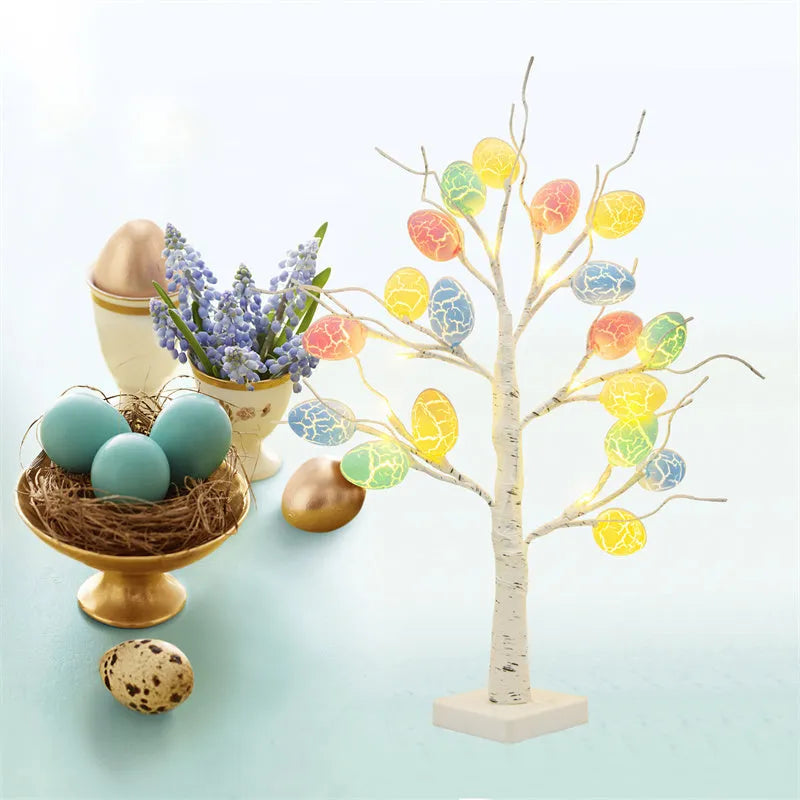 60cm white LED birch tree light with black bark lines and cracked egg ornaments on adjustable branches