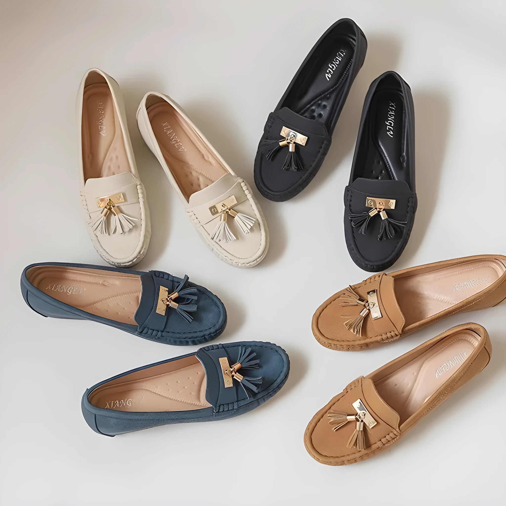 Beige women's oversleeve casual shoes with a round toe and mid heel for height increase.