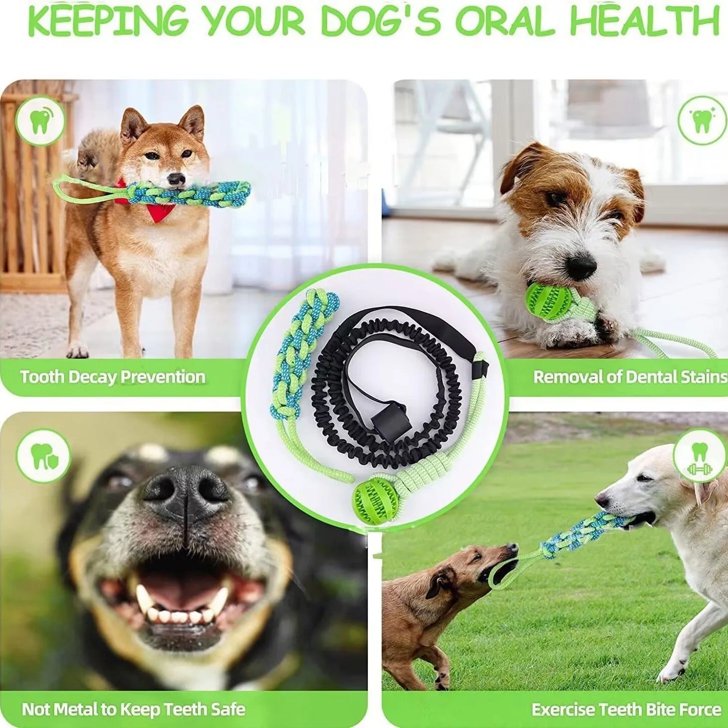 Green cotton thread dog tug of war rope toy with bite-resistant construction for indoor and outdoor play