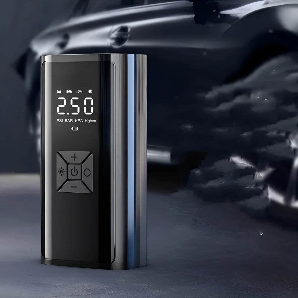 Portable wireless digital car tyre pump with display screen and USB charging port